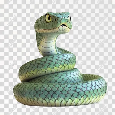 green viper snake vintage 3d Photo, angry dangrous look, ultra realistic, high detailed, looking at the camera, standing position, white backgruond,