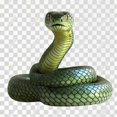 green viper snake vintage 3d Photo, angry dangrous look, ultra realistic, high detailed, looking at the camera, standing position, white backgruond,