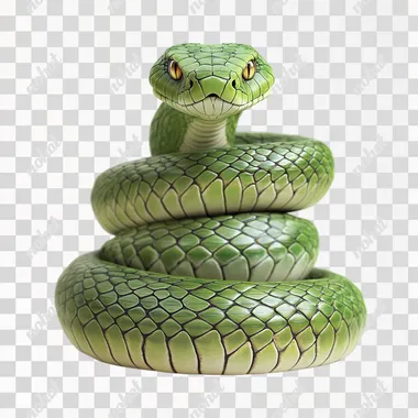 green viper snake vintage 3d Photo, angry dangrous look, ultra realistic, high detailed, looking at the camera, standing position, white backgruond,