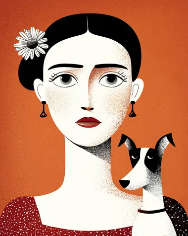 Henri Matisse cut-out style, bold flat colors, graphic composition, minimalistic linework, of a portrait of a woman with a pet, in the style of Matisse.  --raw rofile au2dtl7