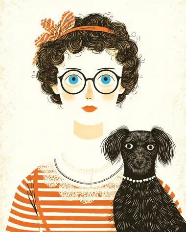 Henri Matisse cut-out style, bold flat colors, graphic composition, minimalistic linework, of a portrait of a woman with a pet, in the style of Matisse.  --raw rofile au2dtl7