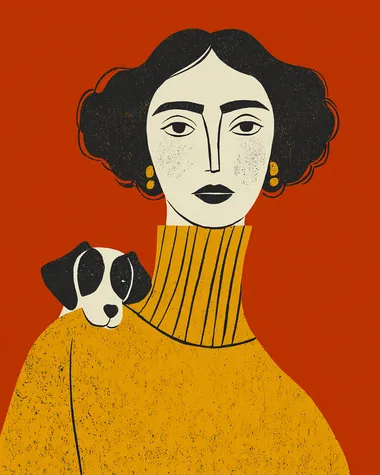 Henri Matisse cut-out style, bold flat colors, graphic composition, minimalistic linework, of a portrait of a woman with a pet, in the style of Matisse.  --raw rofile au2dtl7