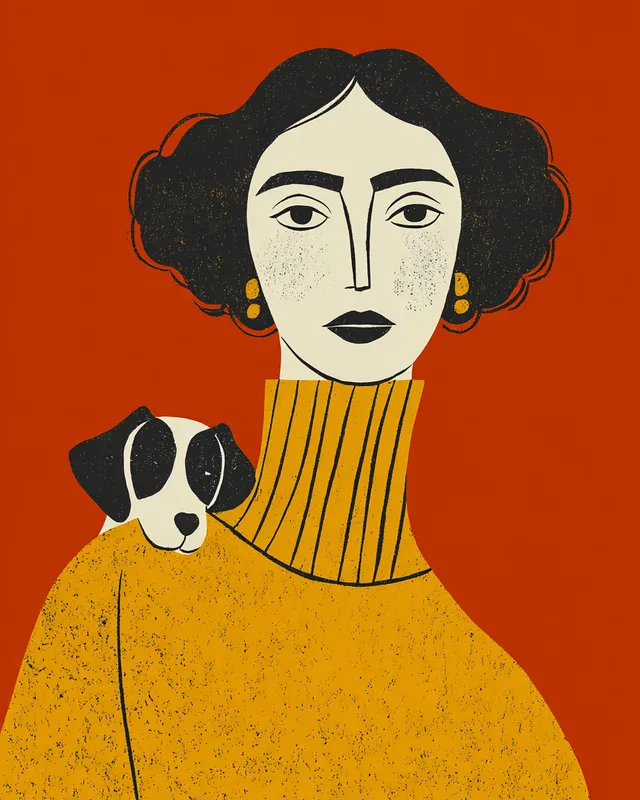 Stylized Portrait of a Woman with a Dog in Matisse-inspired Cut-Out Style