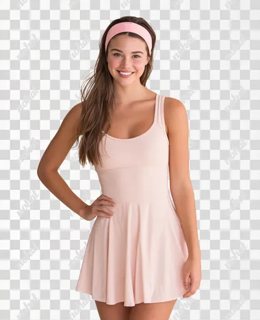 A young woman poses confidently in a light blush pink activewear dress, designed with a fitted bodice and a flared, A-line skirt that ends mid-thigh. The dress features wide shoulder straps and a scoop neckline, giving it a clean, minimalist look. She wears a matching pink headband that holds back her long, loosely styled brown hair.The lighting is even and bright, giving the image a clean, commercial appearanceerfect for sportswear or e-commerce display.