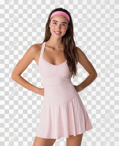 A young woman poses confidently in a light blush pink activewear dress, designed with a fitted bodice and a flared, A-line skirt that ends mid-thigh. The dress features wide shoulder straps and a scoop neckline, giving it a clean, minimalist look. She wears a matching pink headband that holds back her long, loosely styled brown hair.The lighting is even and bright, giving the image a clean, commercial appearanceerfect for sportswear or e-commerce display.