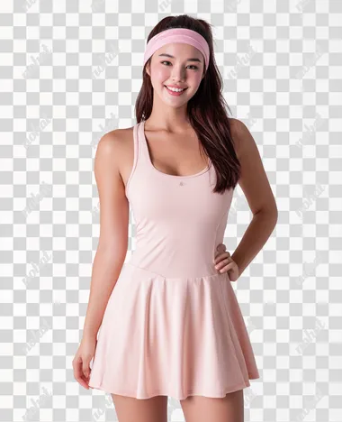 A young woman poses confidently in a light blush pink activewear dress, designed with a fitted bodice and a flared, A-line skirt that ends mid-thigh. The dress features wide shoulder straps and a scoop neckline, giving it a clean, minimalist look. She wears a matching pink headband that holds back her long, loosely styled brown hair.The lighting is even and bright, giving the image a clean, commercial appearanceerfect for sportswear or e-commerce display.