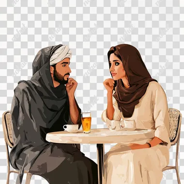 arabian couple sitting by the table in a cafe, white background, realistic --s 50