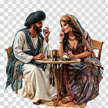 arabian couple sitting by the table in a cafe, white background, realistic --s 50