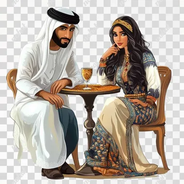 arabian couple sitting by the table in a cafe, white background, realistic --s 50
