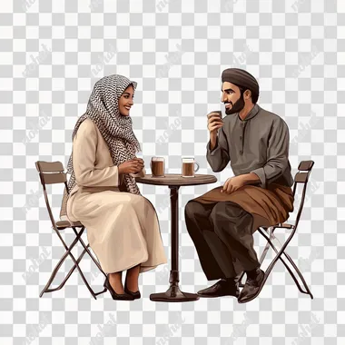 arabian couple sitting by the table in a cafe, white background, realistic --s 50