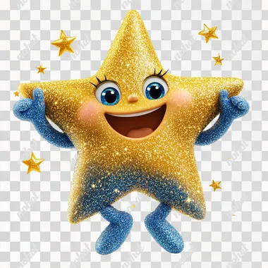 A small avatar of a smiling star with expressive eyes with two arms and hands, bright and attractive colors, bright blue, gold, with funny accessories in relation to starry skies, white background