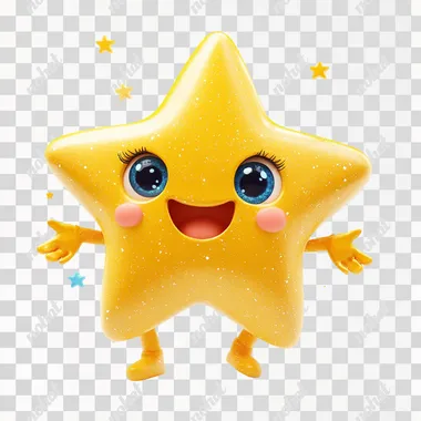A small avatar of a smiling star with expressive eyes with two arms and hands, bright and attractive colors, bright blue, gold, with funny accessories in relation to starry skies, white background