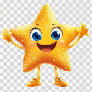 A small avatar of a smiling star with expressive eyes with two arms and hands, bright and attractive colors, bright blue, gold, with funny accessories in relation to starry skies, white background