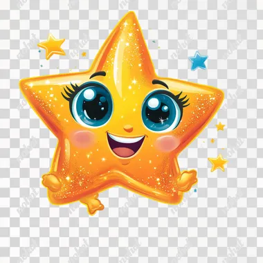 A small avatar of a smiling star with expressive eyes with two arms and hands, bright and attractive colors, bright blue, gold, with funny accessories in relation to starry skies, white background