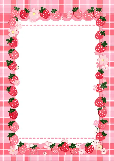 Pink gingham background with a strawberry border, cute cartoon style, pink and red pastel color palette, kawaii design with lots of white space in the middle for writing text or images, in the style of Korean art.