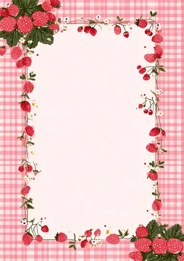 Pink gingham background with a strawberry border, cute cartoon style, pink and red pastel color palette, kawaii design with lots of white space in the middle for writing text or images, in the style of Korean art.