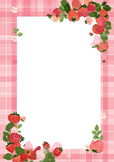 Pink gingham background with a strawberry border, cute cartoon style, pink and red pastel color palette, kawaii design with lots of white space in the middle for writing text or images, in the style of Korean art.