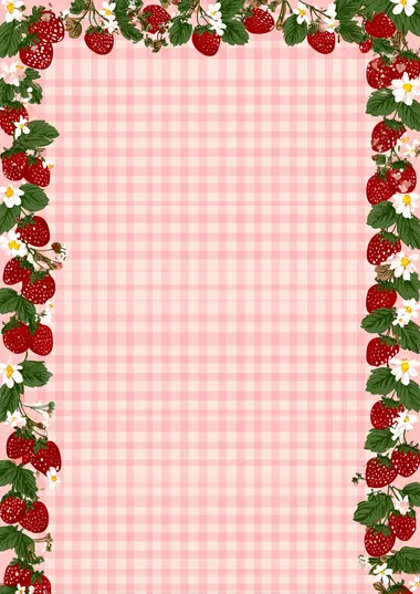 Pink gingham background with a strawberry border, cute cartoon style, pink and red pastel color palette, kawaii design with lots of white space in the middle for writing text or images, in the style of Korean art.