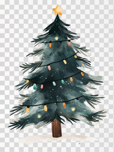 A simple illustration of a Christmas tree without decorations, with colored Christmas lights, in the style of Jon Klassen, isolated on a white background, png image, minimal style, soft colors, children's book aesthetic, no shadows.