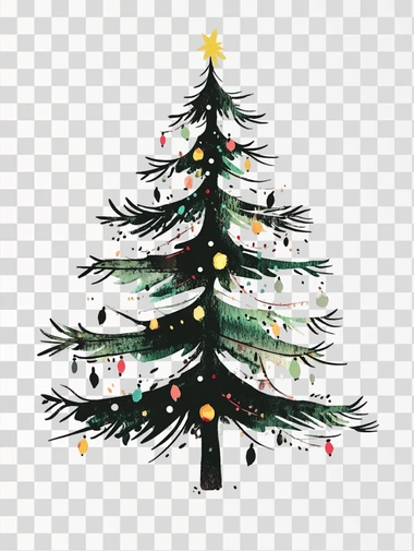 A simple illustration of a Christmas tree without decorations, with colored Christmas lights, in the style of Jon Klassen, isolated on a white background, png image, minimal style, soft colors, children's book aesthetic, no shadows.
