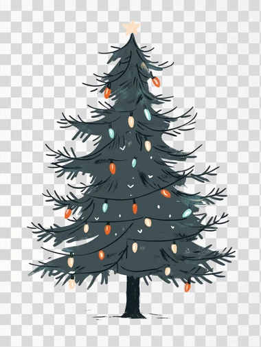 A simple illustration of a Christmas tree without decorations, with colored Christmas lights, in the style of Jon Klassen, isolated on a white background, png image, minimal style, soft colors, children's book aesthetic, no shadows.