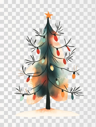 A simple illustration of a Christmas tree without decorations, with colored Christmas lights, in the style of Jon Klassen, isolated on a white background, png image, minimal style, soft colors, children's book aesthetic, no shadows.