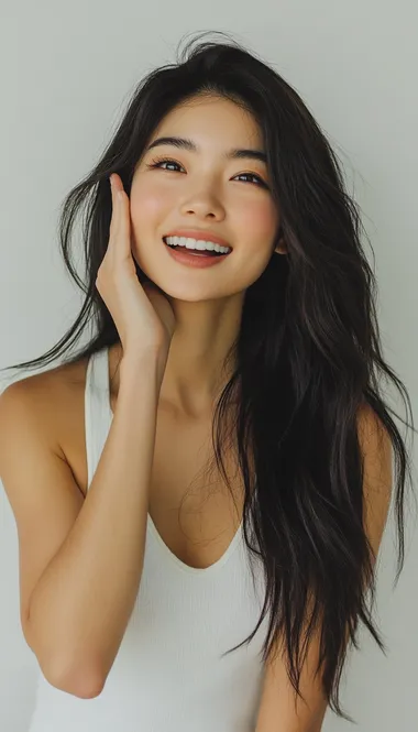 hyperrealistic photo of a young beautiful Asian woman with long dark hair, wearing a white tank top, smiling while having whispering hand gesture in her cheek, facing the camera. whispering expression. the room have broken white background, and green ornament. pastel color. natural bright light. bird eye angle. high angle. front view