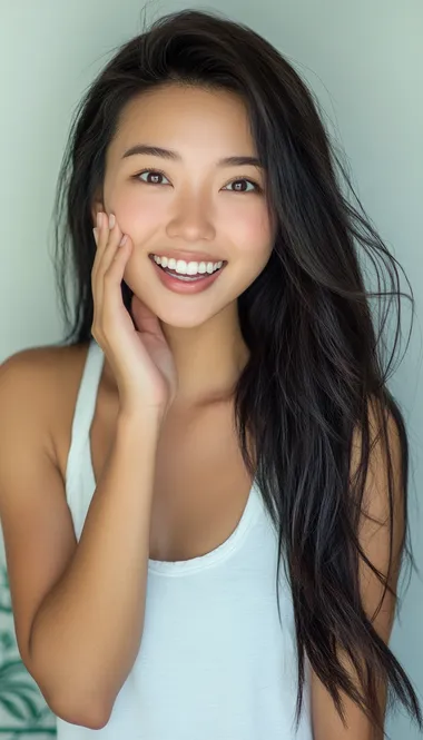 hyperrealistic photo of a young beautiful Asian woman with long dark hair, wearing a white tank top, smiling while having whispering hand gesture in her cheek, facing the camera. whispering expression. the room have broken white background, and green ornament. pastel color. natural bright light. bird eye angle. high angle. front view