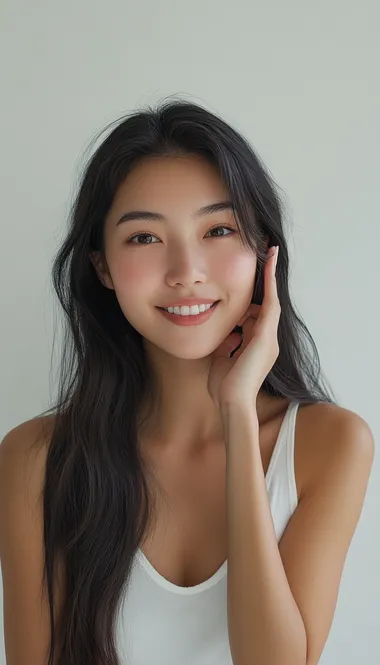 hyperrealistic photo of a young beautiful Asian woman with long dark hair, wearing a white tank top, smiling while having whispering hand gesture in her cheek, facing the camera. whispering expression. the room have broken white background, and green ornament. pastel color. natural bright light. bird eye angle. high angle. front view