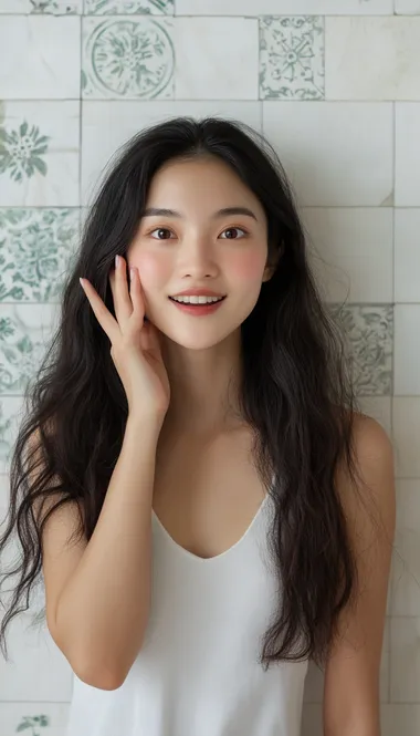 hyperrealistic photo of a young beautiful Asian woman with long dark hair, wearing a white tank top, smiling while having whispering hand gesture in her cheek, facing the camera. whispering expression. the room have broken white background, and green ornament. pastel color. natural bright light. bird eye angle. high angle. front view