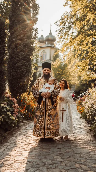 In front of a charming Romanian Orthodox church, surrounded by flowers and tall cypress trees, an Orthodox priest stands on a stone path, wearing a gorgeous golden robe with intricate patterns and a black priest's hat. In his arms, he holds a smiling baby, who is dressed in a white robe with lace trims. The priest looks directly into the camera, his kind smile accentuated by his neatly trimmed beard. Next to him, a young Romanian mother stands facing the camera, holding a small wooden cross in her left hand. The sun shines through the trees and reflects off the priest's golden robe, giving off a radiant, serene and peaceful glow. --s 50