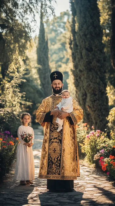 In front of a charming Romanian Orthodox church, surrounded by flowers and tall cypress trees, an Orthodox priest stands on a stone path, wearing a gorgeous golden robe with intricate patterns and a black priest's hat. In his arms, he holds a smiling baby, who is dressed in a white robe with lace trims. The priest looks directly into the camera, his kind smile accentuated by his neatly trimmed beard. Next to him, a young Romanian mother stands facing the camera, holding a small wooden cross in her left hand. The sun shines through the trees and reflects off the priest's golden robe, giving off a radiant, serene and peaceful glow. --s 50
