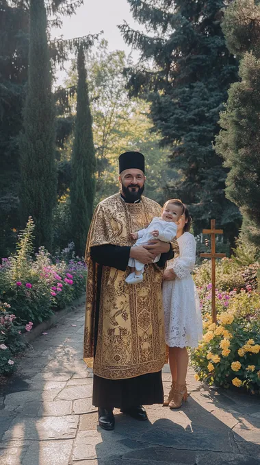 In front of a charming Romanian Orthodox church, surrounded by flowers and tall cypress trees, an Orthodox priest stands on a stone path, wearing a gorgeous golden robe with intricate patterns and a black priest's hat. In his arms, he holds a smiling baby, who is dressed in a white robe with lace trims. The priest looks directly into the camera, his kind smile accentuated by his neatly trimmed beard. Next to him, a young Romanian mother stands facing the camera, holding a small wooden cross in her left hand. The sun shines through the trees and reflects off the priest's golden robe, giving off a radiant, serene and peaceful glow. --s 50
