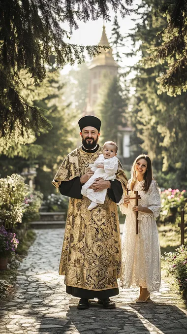 In front of a charming Romanian Orthodox church, surrounded by flowers and tall cypress trees, an Orthodox priest stands on a stone path, wearing a gorgeous golden robe with intricate patterns and a black priest's hat. In his arms, he holds a smiling baby, who is dressed in a white robe with lace trims. The priest looks directly into the camera, his kind smile accentuated by his neatly trimmed beard. Next to him, a young Romanian mother stands facing the camera, holding a small wooden cross in her left hand. The sun shines through the trees and reflects off the priest's golden robe, giving off a radiant, serene and peaceful glow. --s 50
