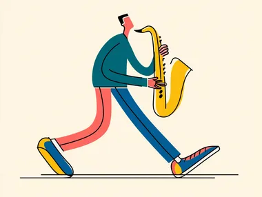 Minimalist flat simple illustration of full body with long and big feet like in the dribbble. man playing saxophone. extreme and overexaggerated vector style, with simple lines and a vibrant color. white background