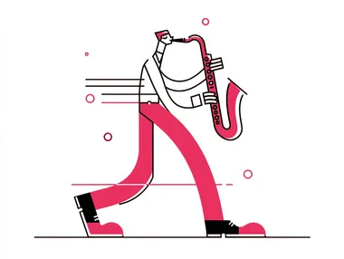 Minimalist flat simple illustration of full body with long and big feet like in the dribbble. man playing saxophone. extreme and overexaggerated vector style, with simple lines and a vibrant color. white background