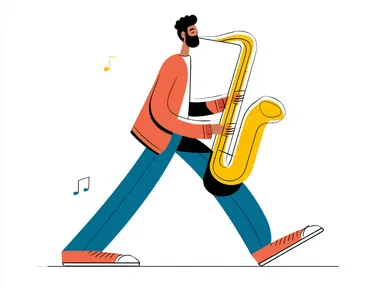 Minimalist flat simple illustration of full body with long and big feet like in the dribbble. man playing saxophone. extreme and overexaggerated vector style, with simple lines and a vibrant color. white background