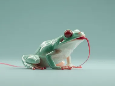 A frog with a long tongue catches a fly, render 3d minimalism, solid background  rofile o8wad5c