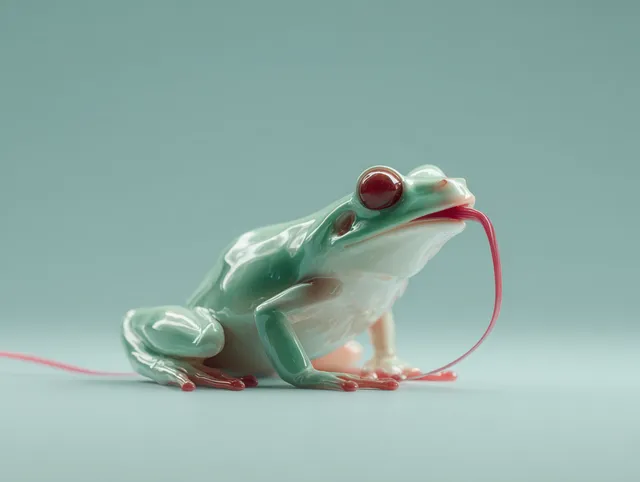 Minimalist 3D Frog Catching a Fly with Long Tongue