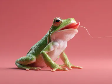 A frog with a long tongue catches a fly, render 3d minimalism, solid background  rofile o8wad5c