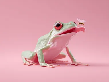 A frog with a long tongue catches a fly, render 3d minimalism, solid background  rofile o8wad5c