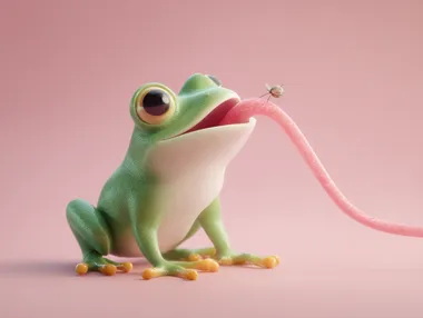 A frog with a long tongue catches a fly, render 3d minimalism, solid background  rofile o8wad5c