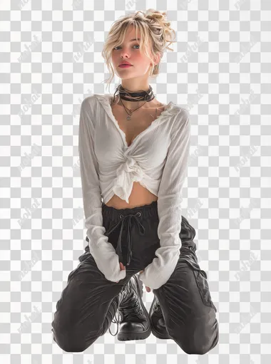 attractive female graphic designer professional posing on white background, realistic, full body, Canon EOS, 8K  --s 750