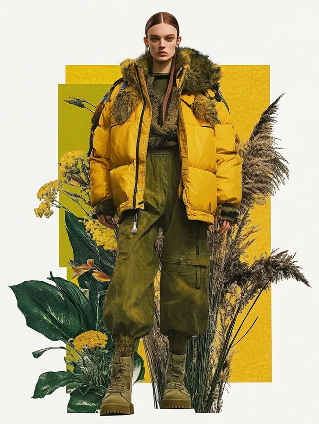 Woman in Yellow Jacket and Green Pants in Nature Moodboard Collage