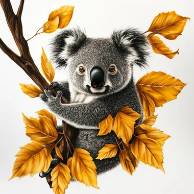 tattoo drawing a cute realistic and very black koala hanging on a branch with 4 large gold leaves with a very saturated gold ultra realistic 4k