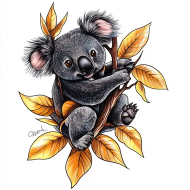 tattoo drawing a cute realistic and very black koala hanging on a branch with 4 large gold leaves with a very saturated gold ultra realistic 4k
