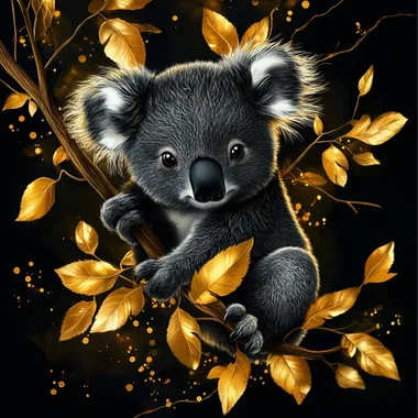 tattoo drawing a cute realistic and very black koala hanging on a branch with 4 large gold leaves with a very saturated gold ultra realistic 4k