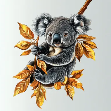 tattoo drawing a cute realistic and very black koala hanging on a branch with 4 large gold leaves with a very saturated gold ultra realistic 4k