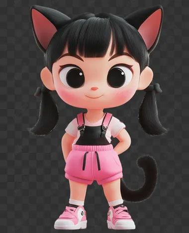 A cute little cat-girl toy wearing pinky sports shorts, black hair, short tail, character design sheet. inspired by the art style of 3D cartoon 'Toy Story.' Transparent background. The characters should have expressive faces and exaggerated features, with a mix of textures and materials that give them a lifelike yet fantastical appearance. The overall mood should be fun, adventurous, and full of wonder, capturing the magic and charm of the beloved 'Toy Story' series.