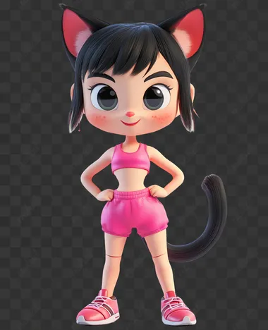 A cute little cat-girl toy wearing pinky sports shorts, black hair, short tail, character design sheet. inspired by the art style of 3D cartoon 'Toy Story.' Transparent background. The characters should have expressive faces and exaggerated features, with a mix of textures and materials that give them a lifelike yet fantastical appearance. The overall mood should be fun, adventurous, and full of wonder, capturing the magic and charm of the beloved 'Toy Story' series.